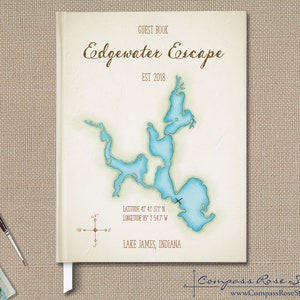 Personalized Lake House Guest Book, Vacation Home Watercolor Map Guest Book, Rental Property Guest Book, Housewarming, Any Location Vintage (light tan)