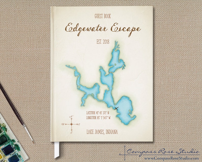 Personalized Lake House Guest Book, Vacation Home Watercolor Map Guest Book, Rental Property Guest Book, Housewarming, Any Location Vintage (light tan)