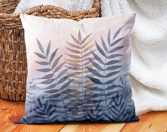 Indigo Sunset Throw Pillow Cover, Fern Leaf 18"x18" Velveteen Pillow Cover, Original Watercolor Art