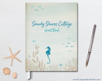 Personalized Beach House Guest Book, Seahorse Vacation Home Guest Book, Original Watercolor Art, Housewarming Hostess Gift, Thank You Gift