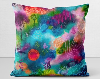 Pillow Cover, original art, Marelucis, whimsical dreamland, vivid coral reef inspired, velveteen pillow case