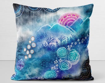 Pillow Cover, original art, Alvearis, Whimsical Dreamland, Mystical Planet, velveteen pillow case