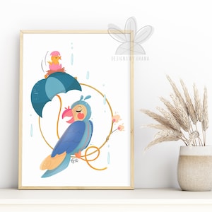 Rainforest Tiki Bird / Tiki Bird Art / Impresión de arte tropical / Tema del pequeño mundo / Arte de aves / Sala Tiki / Decoración de guardería / Arte infantil