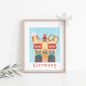 Peut inclure: Une illustration colorée d'un château allemand avec un bretzel, une chope de bière et le mot "Allemagne" en dessous. Le château est jaune avec des toits et des fenêtres rouges. Le fond est un ciel bleu clair.