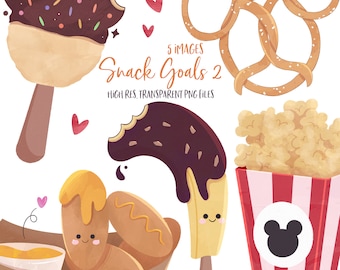 May include: Five cartoon images of popular snacks: a chocolate-covered Mickey Mouse ice cream bar, a pretzel in the shape of Mickey Mouse ears, a banana split with chocolate sauce, a box of popcorn with a red and white striped container, and a box of two corn dogs with mustard.