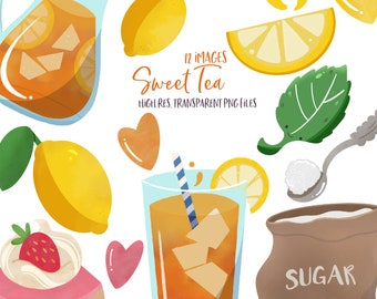 May include: A set of 12 digital illustrations of sweet tea, lemons, sugar, and other sweet tea ingredients. The illustrations are in a cartoon style and are perfect for use in digital scrapbooking, card making, and other craft projects.  The text "Sweet Tea" and "High Res. Transparent PNG Files" is included in the image.