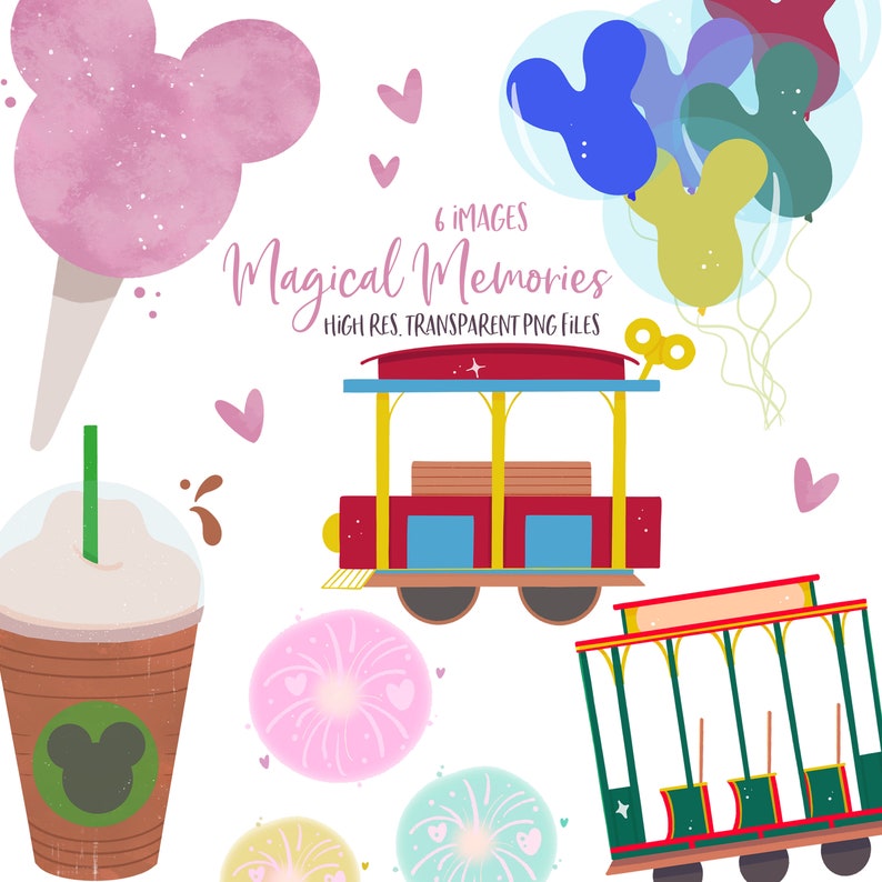 May include: Six digital illustrations of various Disney-themed images, including a pink cotton candy, a Mickey Mouse-shaped coffee cup, a red and blue trolley car, a green trolley car, a set of balloons with Mickey Mouse ears, and a set of pink, green, and yellow fireworks. The text "6 IMAGES Magical Memories HIGH RES. TRANSPARENT PNG FILES" is also included in the image.