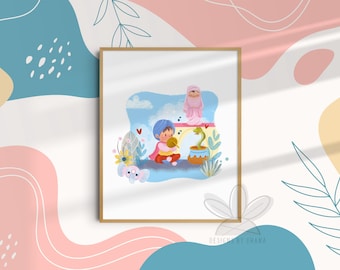 May include: A framed illustration of a child in a blue turban holding a yellow ball of yarn, with a woman in a pink robe and a snake in a pot behind them. The illustration is set against a blue and white background with flowers and hearts.