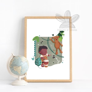 May include: A digital illustration of a young boy playing a drum in a jungle setting. He is wearing a brown shirt and shorts and has brown skin. A monkey is hanging from a vine above him. The background is green and has leaves and vines.