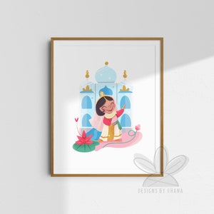 May include: A digital illustration of a young girl in a pink and blue outfit standing in front of a blue and white building with a gold dome. The girl is smiling and waving. There are pink flowers and green leaves around her.