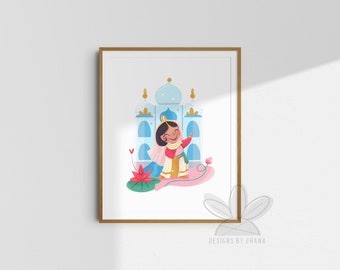 May include: A digital illustration of a young girl in a pink and blue outfit standing in front of a blue and white building with a gold dome. The girl is smiling and waving. There are pink flowers and green leaves around her.