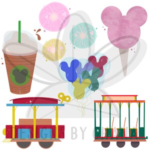 May include: A colorful illustration of a Mickey Mouse themed amusement park. The image features a red and yellow trolley car, a green trolley car, a brown coffee cup with a Mickey Mouse logo, a pink cotton candy, and blue, red, and yellow balloons with Mickey Mouse ears.
