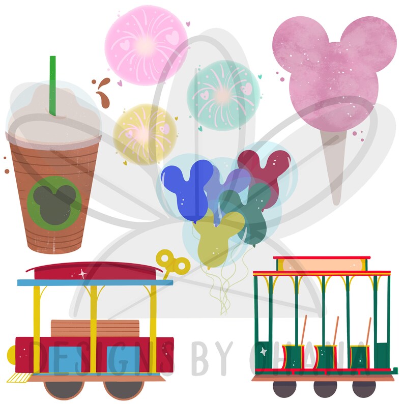 May include: A colorful illustration of a Mickey Mouse themed amusement park. The image features a red and yellow trolley car, a green trolley car, a brown coffee cup with a Mickey Mouse logo, a pink cotton candy, and blue, red, and yellow balloons with Mickey Mouse ears.