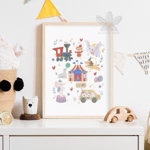 May include: A framed print featuring a whimsical circus theme. The artwork includes a train, circus tent, animals, and a car with passengers. The color palette is soft, with pastel shades of red, blue, yellow, and green, creating a playful and inviting atmosphere.