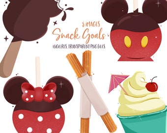 May include: Five digital illustrations of popular Disney snacks: a chocolate Mickey Mouse-shaped ice cream bar, a red and white Mickey Mouse-shaped apple, a chocolate Mickey Mouse-shaped apple, two cinnamon churros, and a yellow ice cream sundae with a cherry on top.