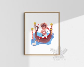 May include: A cartoon illustration of a person in a striped shirt and straw hat rowing a gondola with a white duck swimming beside it. The gondola is brown with red and white striped poles on either side.