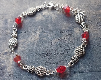 Pineapple Charm Anklet: Tibetan Silver with Red Glass Accents