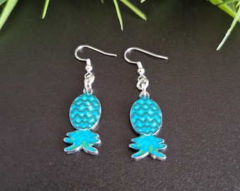 Blue Upside Down Pineapple Secret Symbol Swinger Fun Earrings