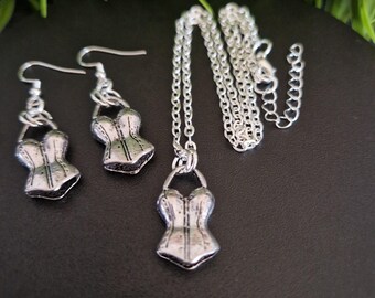 Silver-Tone Corset Jewelry Set – Gothic Lingerie Earrings Necklace