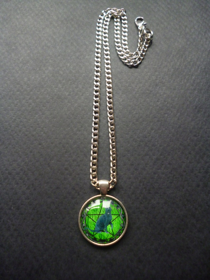 Black cat and pentagram photo pendant necklace Green pagan Etsy
