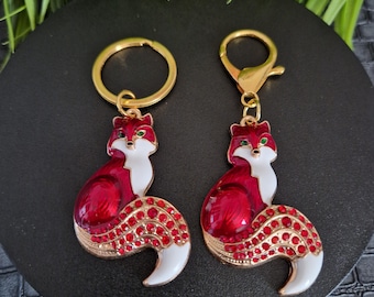 Red Enamel Rhinestone Fox Vixen Keychain Bag Charm Gift for Her