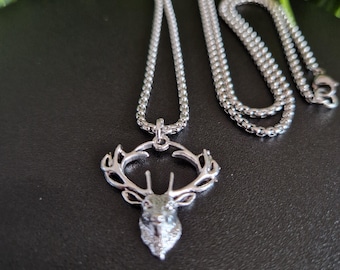 Men's Stag Pendant Necklace: Silver Plated Deer, Stainless Steel Chain