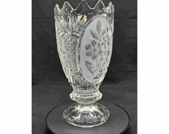 24% Lead Crystal Zajecar 10" Vase. Yugoslavian Crystal. Sawtooth Rim. Frosted Panels with impressed floral decorations. Pressed Glass.