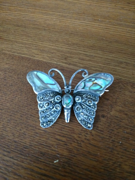 Silver Marcasite and Mother of Pearl Butterfly Pin - image 1