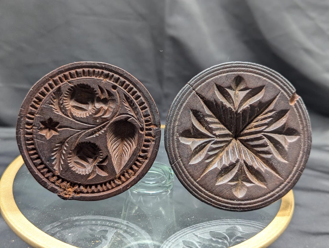 2 Antique Floral Butter Stamps. Pennsylvania Dutch Design Butter Stamps