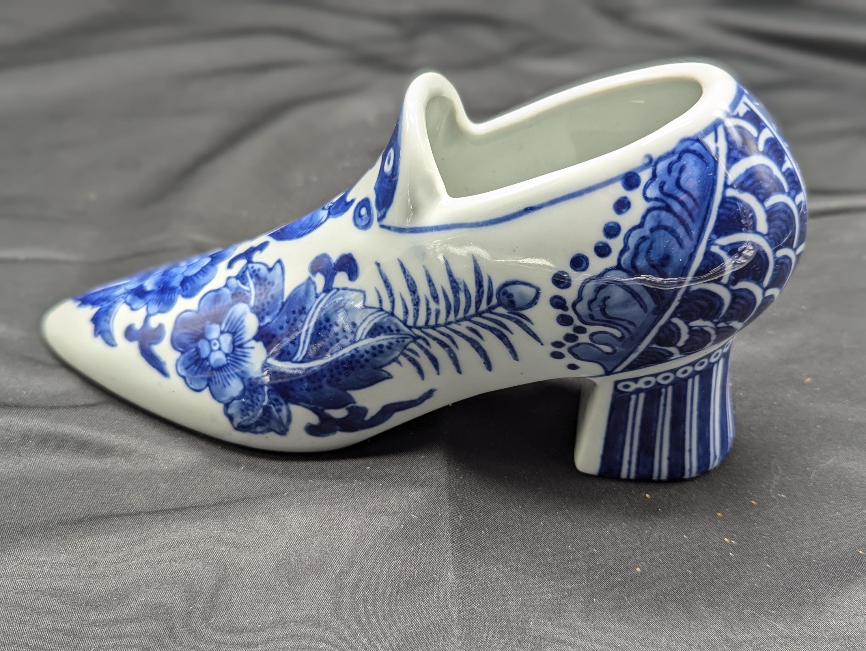 Chinoiserie Blue and White Porcelain High Heeled Shoe