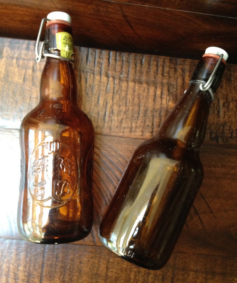 2 Vintage Amber Beer Bottles with side wires Etsy