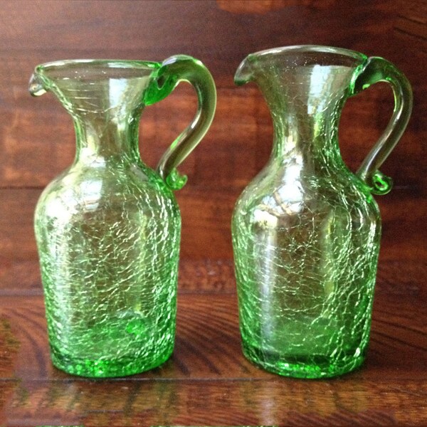 Vintage Blenko Blown Glass Miniature Pitchers, Green Crackle Glass - (Set of 2)