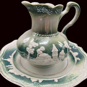 Antique Lusterware Pitcher and Underplate, Wedgewood Style, Forest Green Pitcher, Green Lusterware, Altenburg Saxony, German Lusterware,