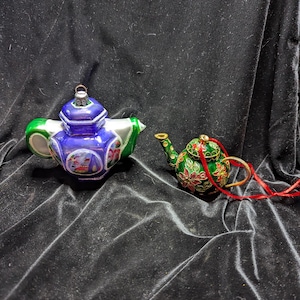 2 Teapot Christmas Ornaments 1 Cloisonne and 1 Glass