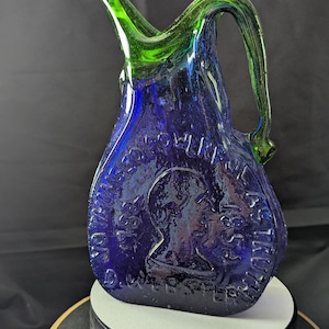 NH Folk Glass Artist John Harko Signed Pitcher. Lake Massabesic Lake Sand, Cobalt and Green Glass. Bunker Hill Collectible Glass