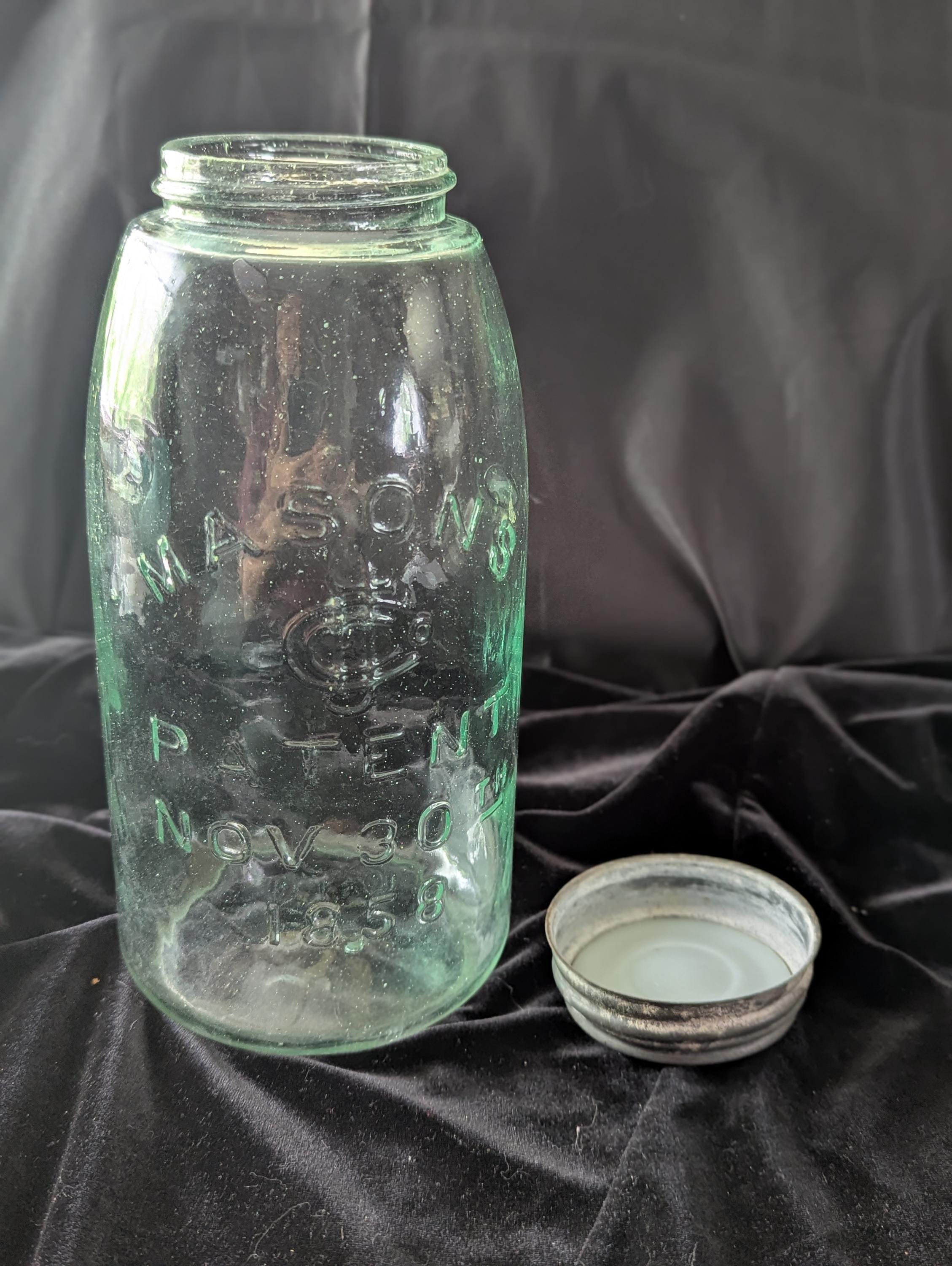 MASON H12 Pale Green 2 Qt. Canning Jar. Pat. Nov. 30, 1858