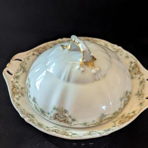 Theodore Haviland Limoges Butter Dish. 1903 Back Mark. Pierced Self Handles. 3 Piece Covered Butter Dish with Strainer. Limoges France.
