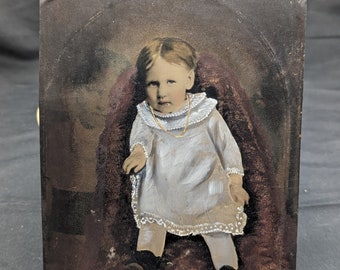 Hand Painted Tintype, 1800s. Tintype(ferrotype) of young boy. Ghost Image in Background. Folk Art