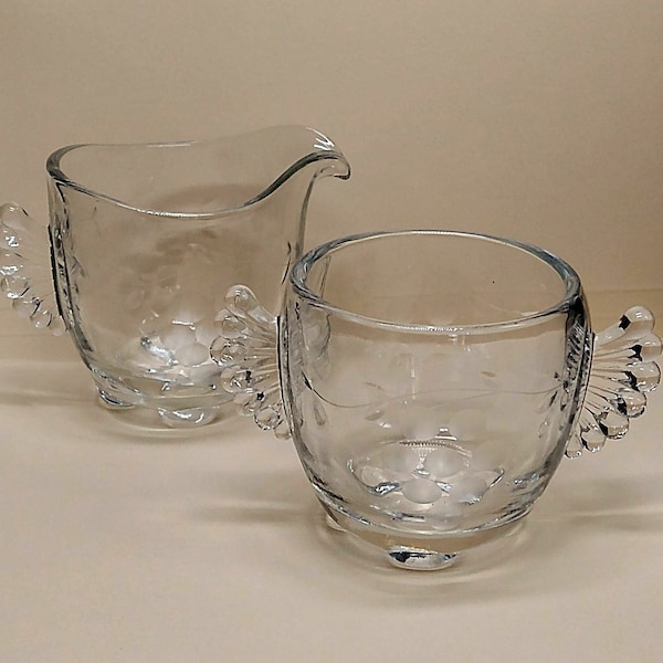 Grape Etched Glass Sugar and Creamer Set, Paden City, Sugar Bowl, Cream Pitcher, Vintage Glass, 1930s Pressed Glass, Wing Handle