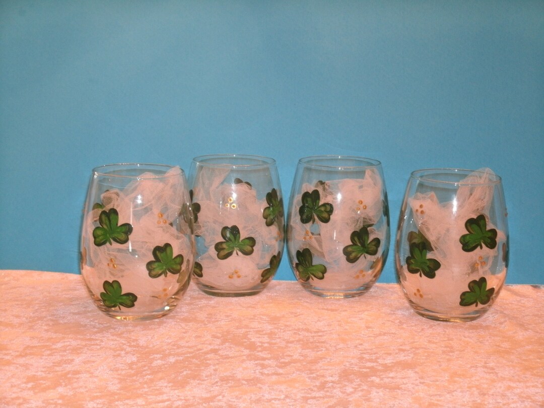 SHAMROCK WINE GLASSES, Stemless, Set of Four Etsy