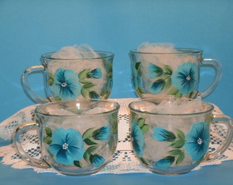 PANSY MUGS, BLUE, set of four