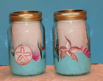 SEASHELL MASON JAR, decorative mason jar, set of two