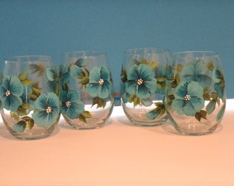 BLUE PANSY WINE glasses, stemless, set of four