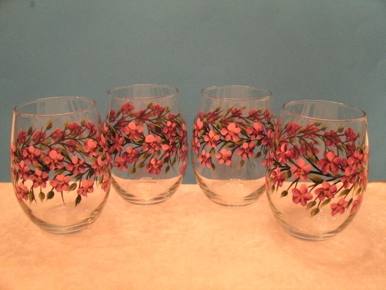 Stemless CHERRY BLOSSOM Wine Glasses Set of Four Etsy