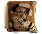 Vintage Needlepoint Dog Pillow 100 Wool Cotton Velvet Back Victorian Pillow Dog Wearing Clothes Home Decor Library