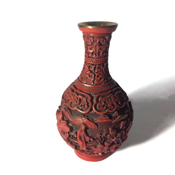 Antique Chinese Red Lacquer Vase Cinnabar Vessel Etsy