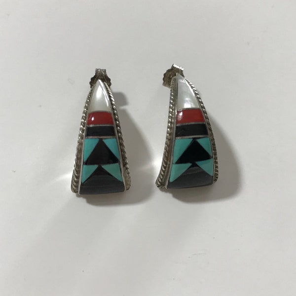 Vintage Signed Zuni Earrings marked sterling turquoise Mother of Pearl S Edaakie