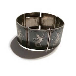 Vintage Sterling Silver Panel Bracelet 925 Silver Siam Thai Enamel Panel Bracelet 6.25&quot; long, Vintage Silver Bracelet