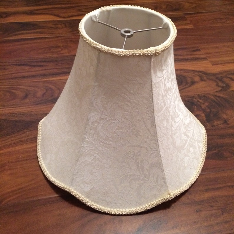 Vintage Large Bell Shaped Lamp Shade Scalloped Edge Ivory Damask