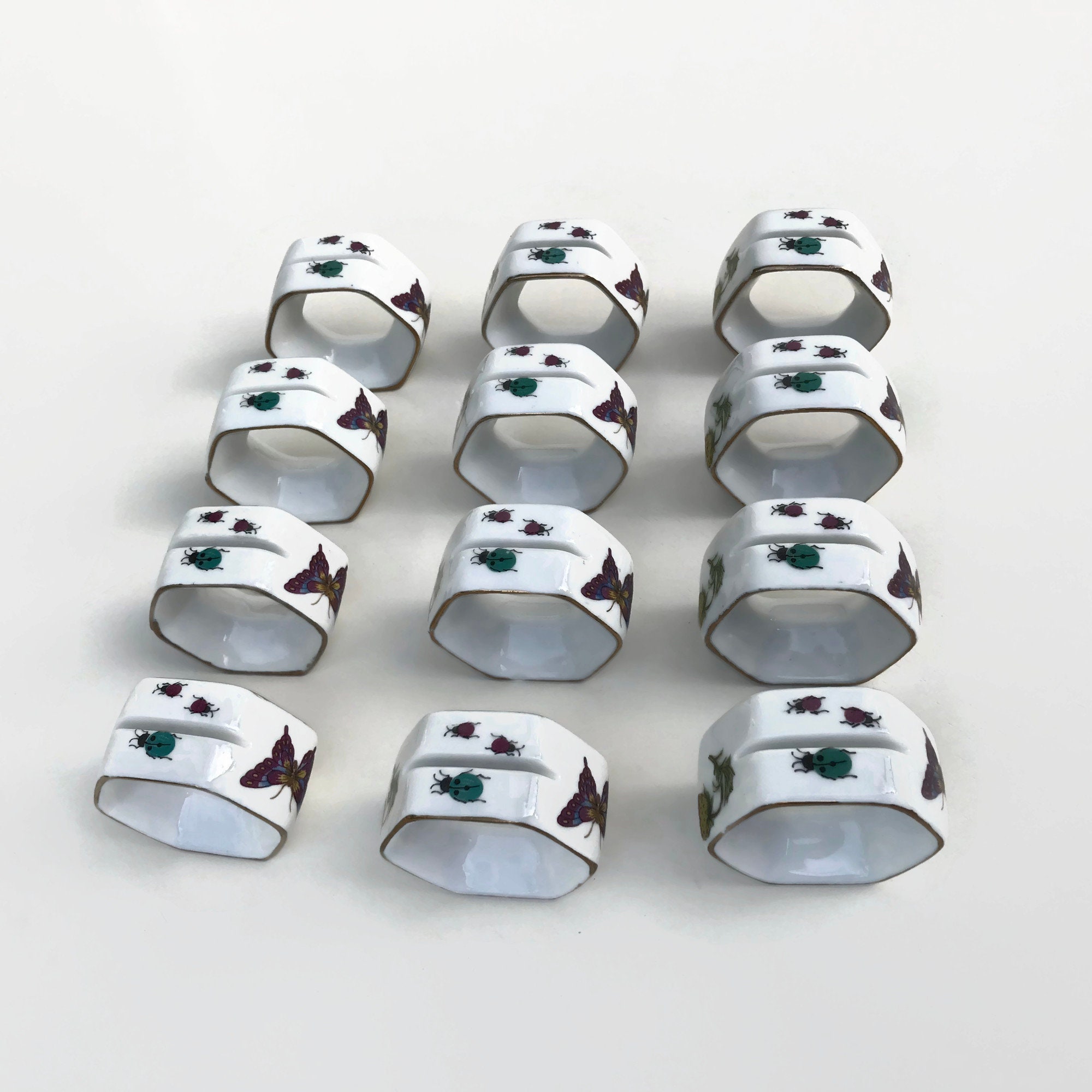 Vintage Place Card Holders Napkin Rings set of 12 porcelain Ardalt garden theme hexagonal